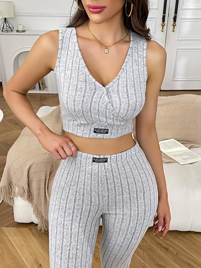 Pyjama quatre saisons pour femmes, haut simple à col en V et coupe ajustée, ensemble deux pièces com