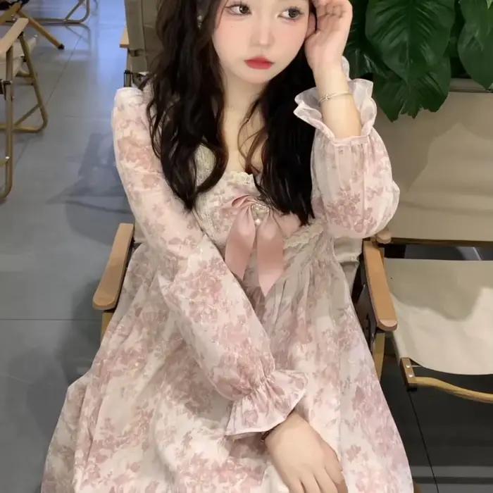 Robe mi-longue à manches longues pour femmes, douce princesse, imprimé Floral, taille flatteuse, nœu