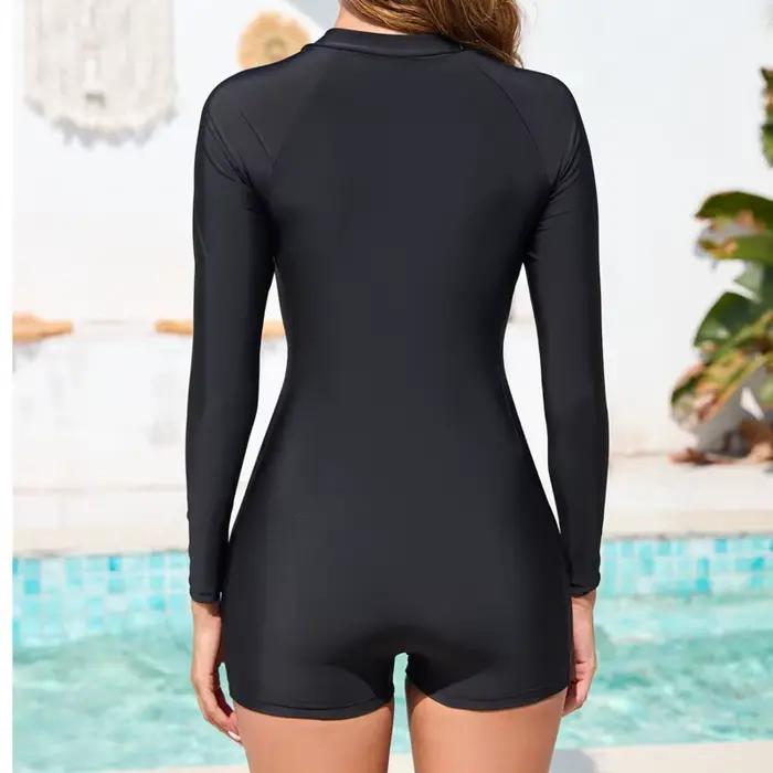 Fermeture éclair noir une pièce maillots de bain fermé à manches longues maillots de bain pour le sp