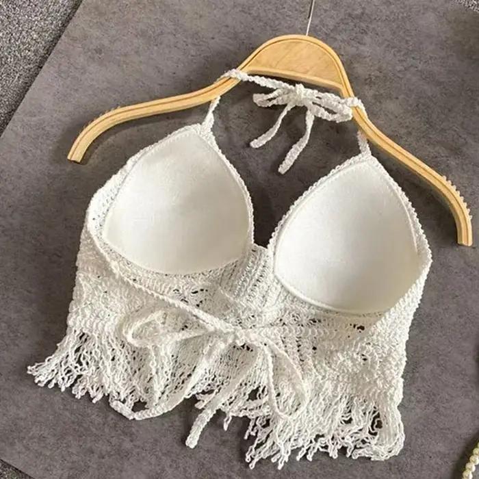Sexy Boho plage vacances Camisole licou femmes Crochet tricot maillot de bain soutien-gorge dos nu g