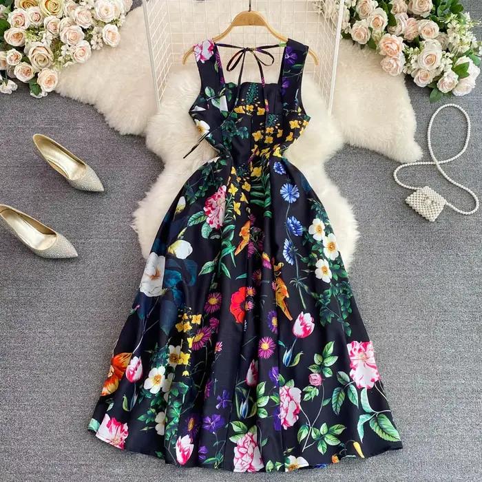Robe à bretelles spaghetti taille haute vintage pour femmes, col slash, nœud ouvert, dos nu, imprimé