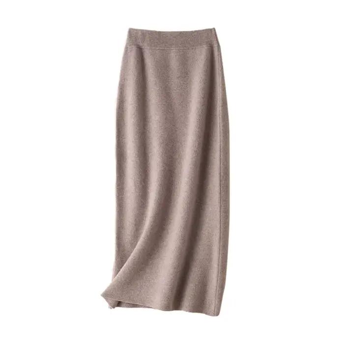 Jupe 100% pure laine pour femmes, mi-longue, taille haute, fine, en cachemire, tricotée, assortie av