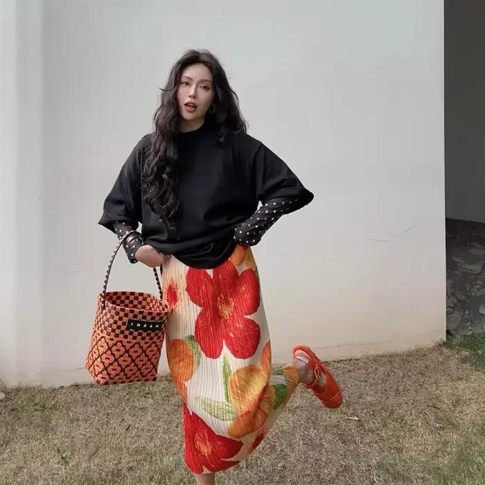 Jupe mi-longue à imprimé floral vintage pour femmes, jupes plissées fendues élégantes, jupe trapèze