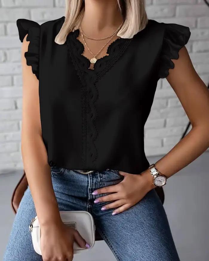 Chemisier noir à panneau en dentelle à col en V pour femme, chemise décontractée, blanc, été, 2024