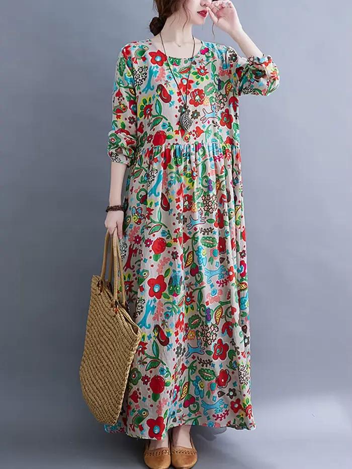 Robe Longue Femme en Coton Imprimé Floral Vintage à Manches Longues Printemps Automne 2026 – Décontr