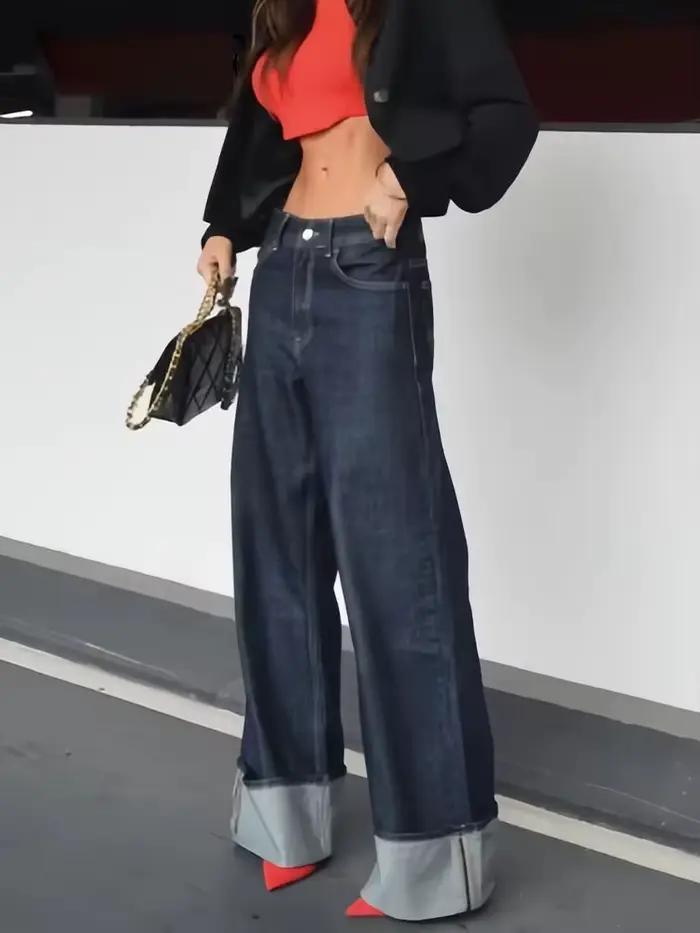Pantalon en Denim taille haute pour femme, jambes larges + manches longues avec poches à rabat, mant