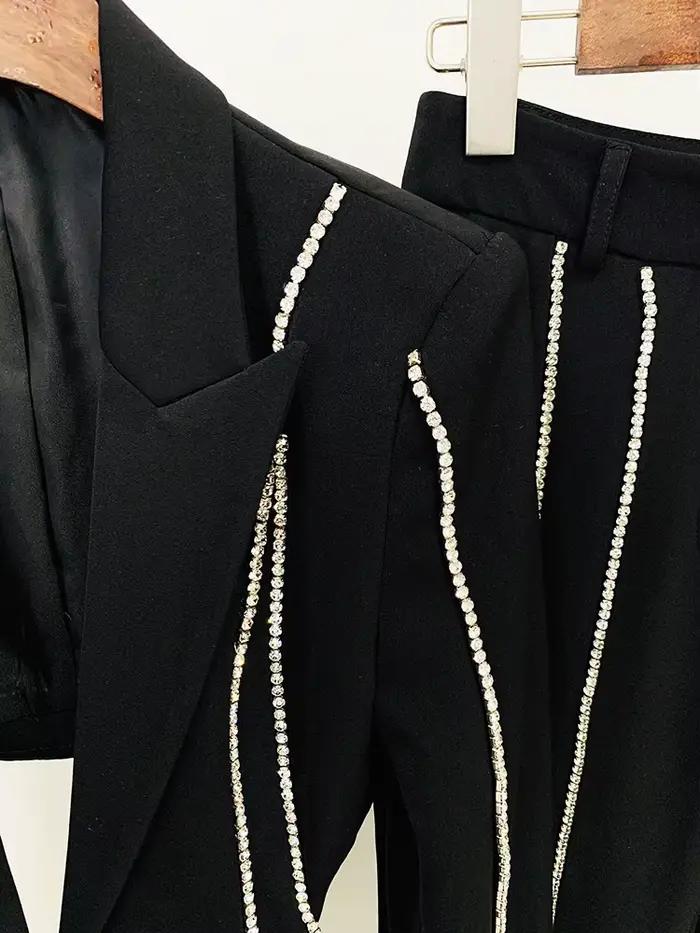 Ensemble blazer et pantalon évasé à revers perlé pour femme, bouton unique évidé, diamants, haute qu