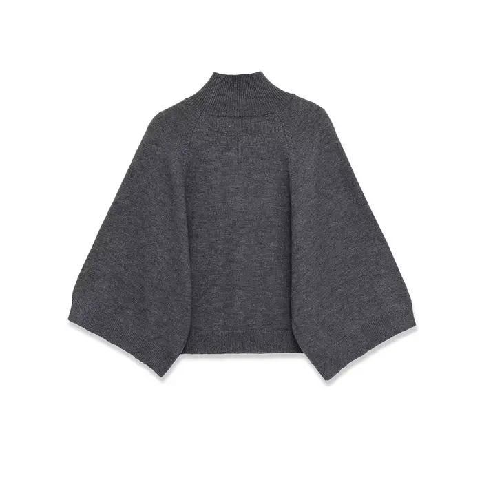Pull en tricot bleu à manches larges pour femme, pull court à col haut, printemps 2025