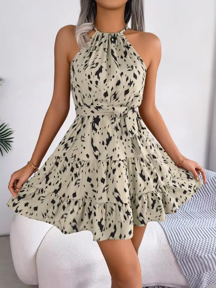 Mini robe à volants imprimé léopard pour femme, col licou sexy, mode printemps et été