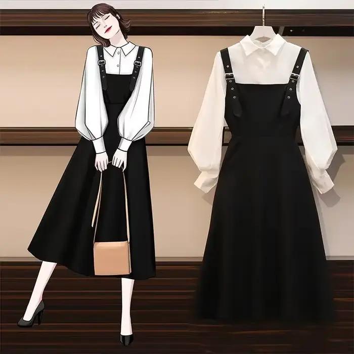 Ensemble deux pièces grande taille pour femmes, costume printemps et automne, chemise + robe à la mo