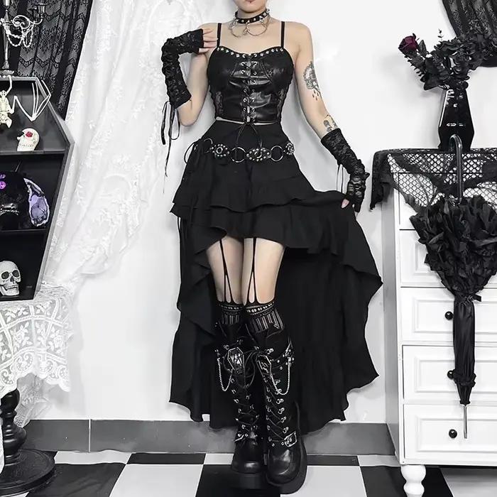 Goth foncé Kawaii noir jupes à plusieurs niveaux 90S rétro ourlet irrégulier bas de fête centre comm