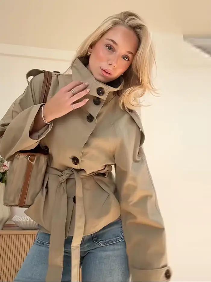 Manteau Trench Élégant pour Femme à Lacets, Manches Longues, Double Boutonnage, Col Montant, Veste K