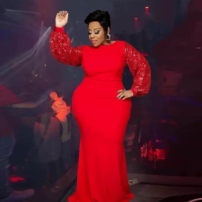 Robe de soirée rouge à paillettes pour femmes, manches longues, maxi, sexy, grande taille, paillette