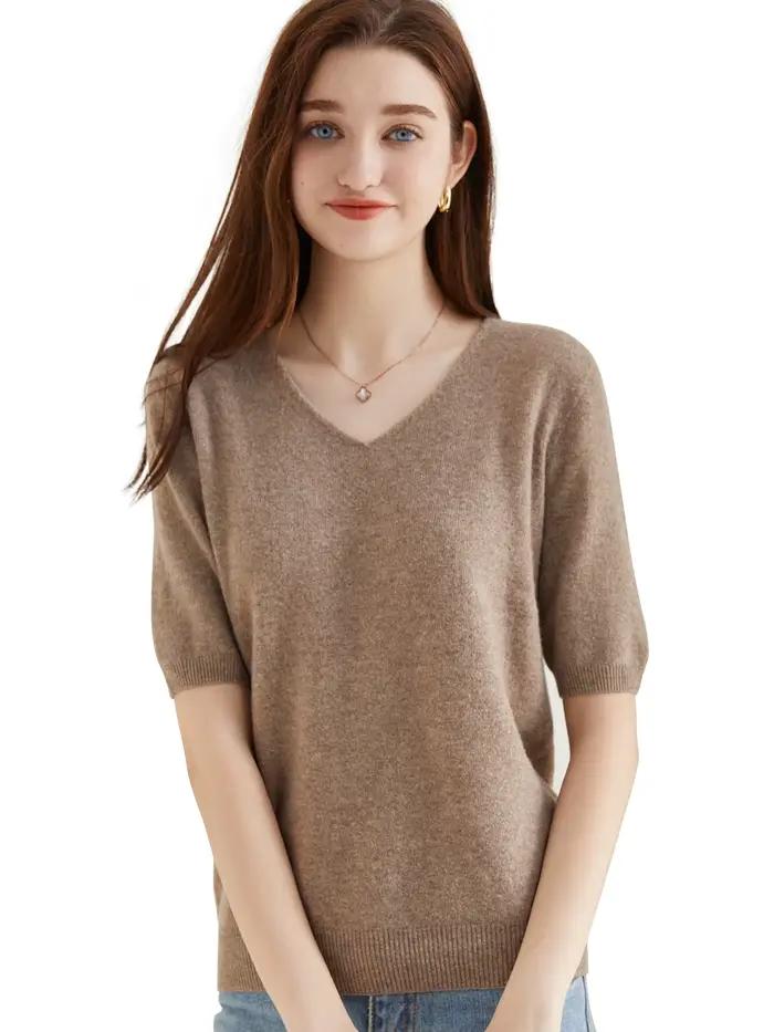 Pull femme 100% laine mérinos pull pour femme pull à manches courtes hauts printemps été col en V do