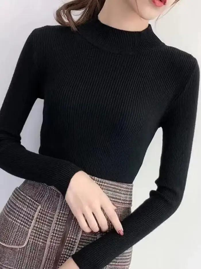 Automne hiver col montant femmes pull Vintage basique solide tricoté hauts décontracté mince pull co