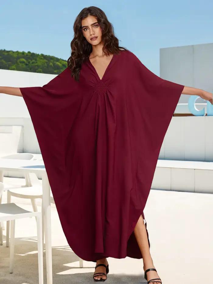 2025 solide col en v manches chauve-souris grande taille robe Maxi ample pour les femmes été plage p