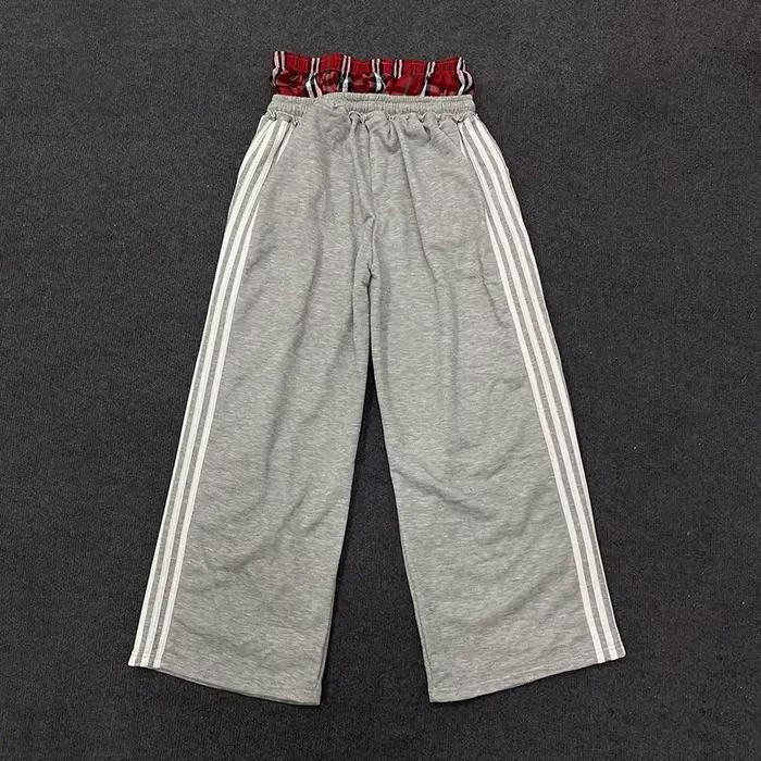 Pantalon décontracté à Double taille à carreaux pour femmes, ample, mode de rue, avec lettres brodée