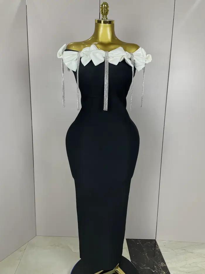 2025 femmes célébrité sexy épaule dénudée fleur diamants noir noeud papillon maxi longue XL robe de