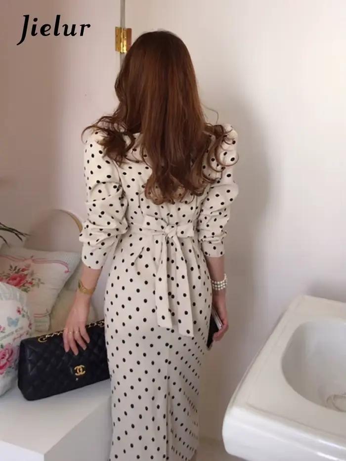 Jielur-Robe en velours côtelé vintage élégante à pois pour femmes, robes mi-longues coréennes à manc