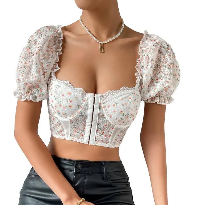 T-shirt court à imprimé floral pour femme, corset à manches bouffantes courtes, col carré, crochet e