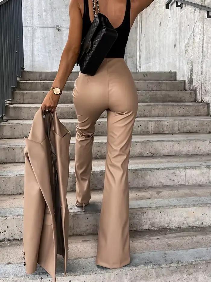 Pantalon évasé taille haute pour femme, pantalon long en PU, monochromatique, fourche ouverte, stree