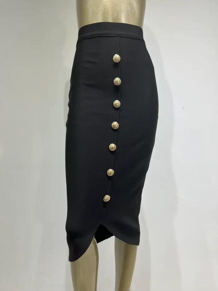 Jupe mi-longue noire à bandes pour femmes, moulante, de styliste, taille haute, fête, bureau, élégan
