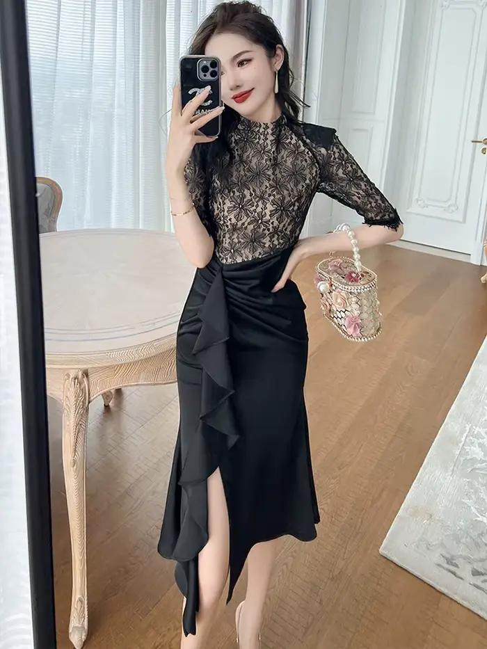 Robe mi-longue de Style rétro pour femmes, noire, dentelle transparente épissée, Satin, à volants, f