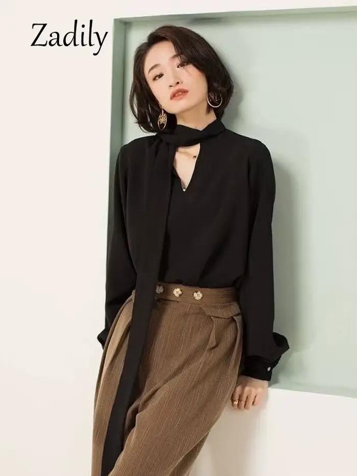 Dignily-Chemisier noir en mousseline de soie pour femme, chemise à manches longues, col en V, vêteme