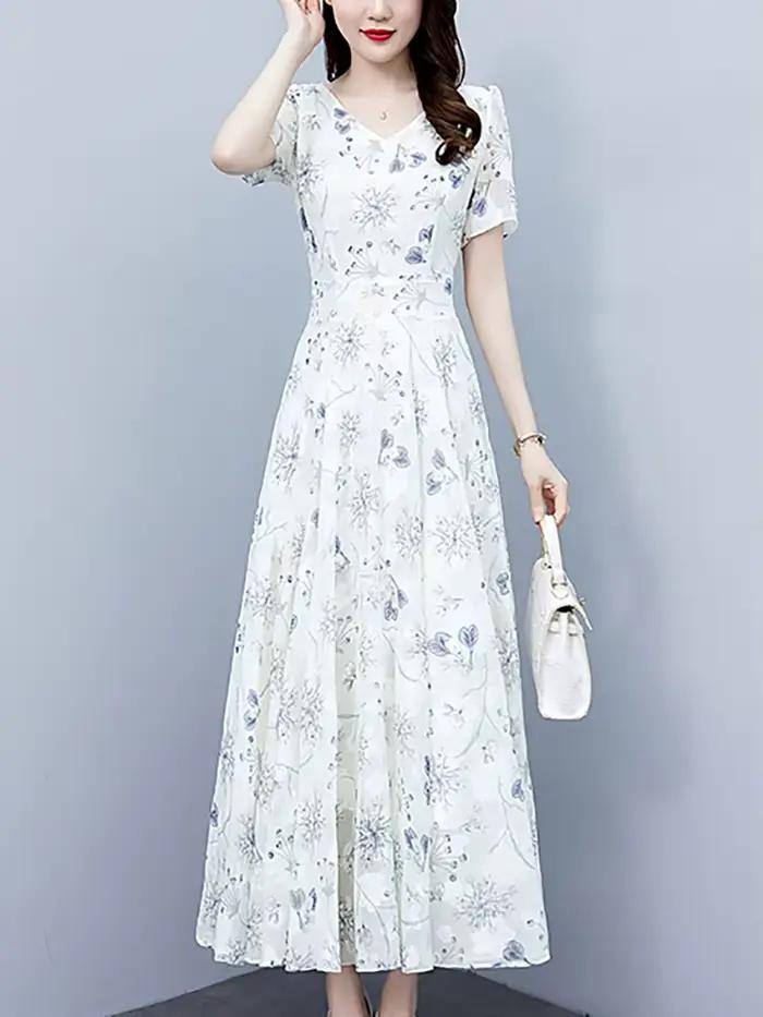 Robe longue à fleurs blanches, style boho décontracté, tenue de plage, vacances, manches courtes, él