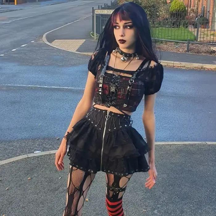 Gothique patineuse Punk Vintage taille haute jupe femmes fermeture éclair avant Style japonais Kawai