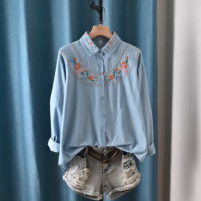 Harajuku y2k Denim chemises femmes printemps hauts mode coréenne à manches longues fleurs broderie D