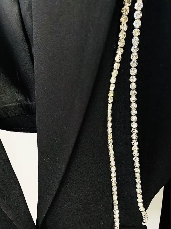 Ensemble blazer et pantalon évasé à revers perlé pour femme, bouton unique évidé, diamants, haute qu