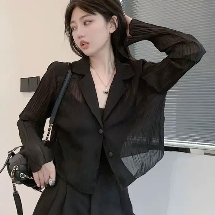 Gidyq-Chemises de protection solaire noires pour femmes, Streetwear d'été, lèvent, Manches longues,