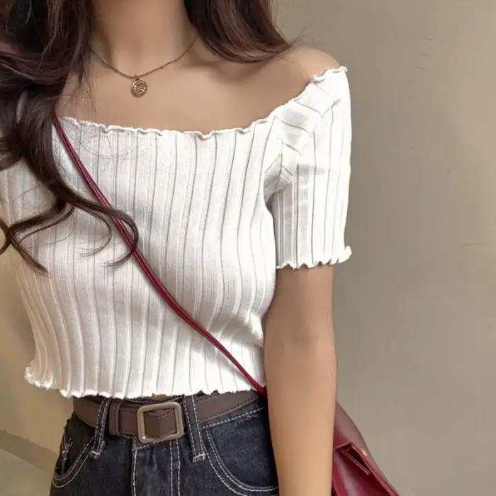 T-shirt manches courtes femme, épaules dénudées, côtelé, violet, Y2k, décontracté, slim, à volants,