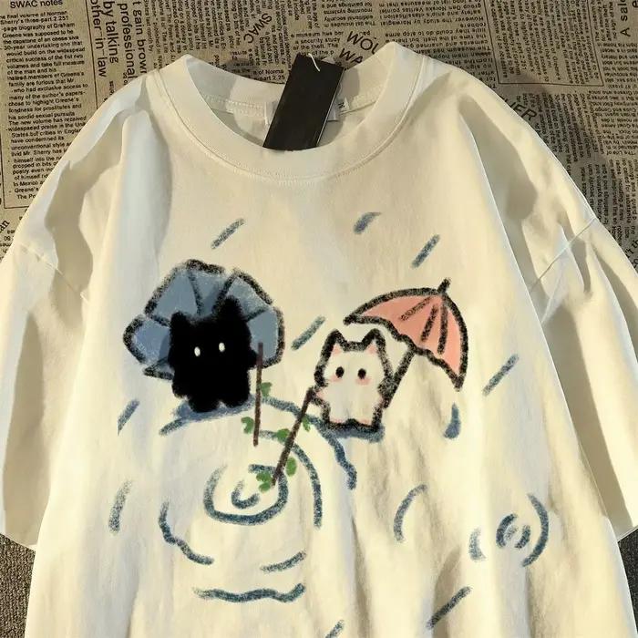 T-shirt à manches courtes avec un joli motif de chat japonais noir et blanc, haut d'été à manches co