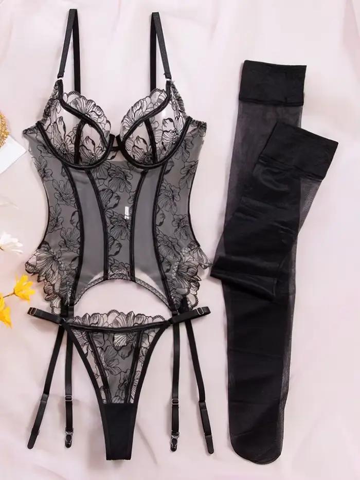 Ensemble de lingerie érotique Belamimi brodé floral transparent, sexy, sculptant le corps, avec bas