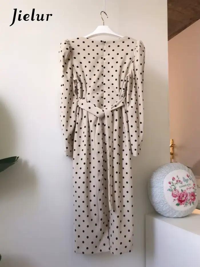 Jielur-Robe en velours côtelé vintage élégante à pois pour femmes, robes mi-longues coréennes à manc