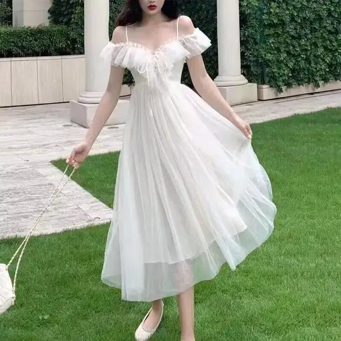 Fairycore – robe en maille pour femme, tenue blanche à lacets, poitrine basse, épaules dénudées, Sex