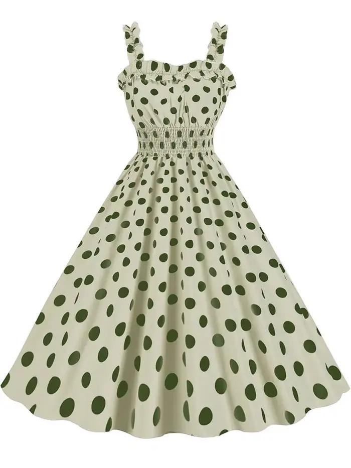 Robe mi-longue froncée à pois roses pour femmes, bretelles spaghetti, vintage, décontracté, imprimé,