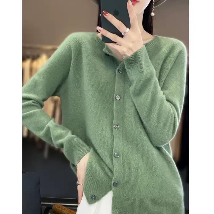 Femmes 100% laine mérinos pull automne hiver col rond première ligne sans couture Cardigan à manches