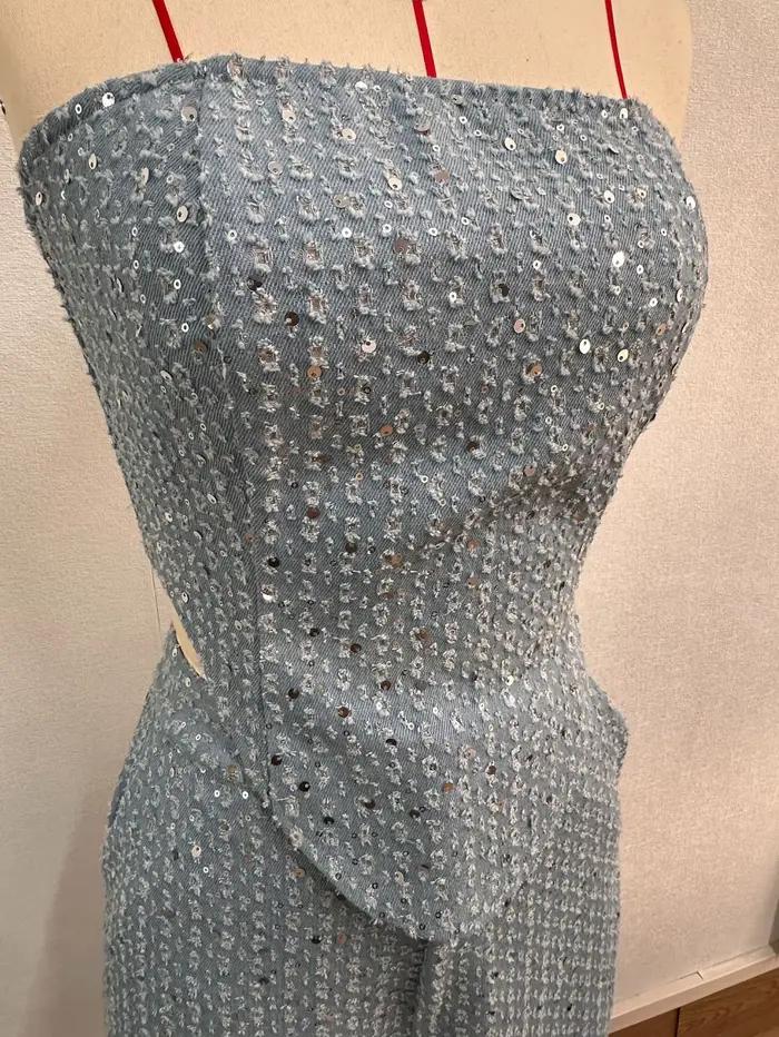 Ensemble en Denim à paillettes pour femmes, tunique sans bretelles, haut court à la taille et pantal