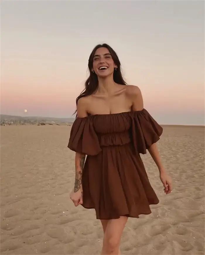 Robe d'été décontractée à manches courtes bouffantes pour femmes, tunique à épaules dénudées, mode s