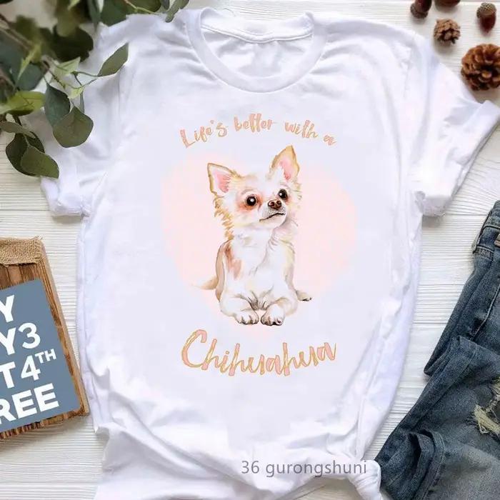 T-Shirt blanc pour Femme, avec un graphique imprimé, Chihuahua, Harajuku, Kawaii