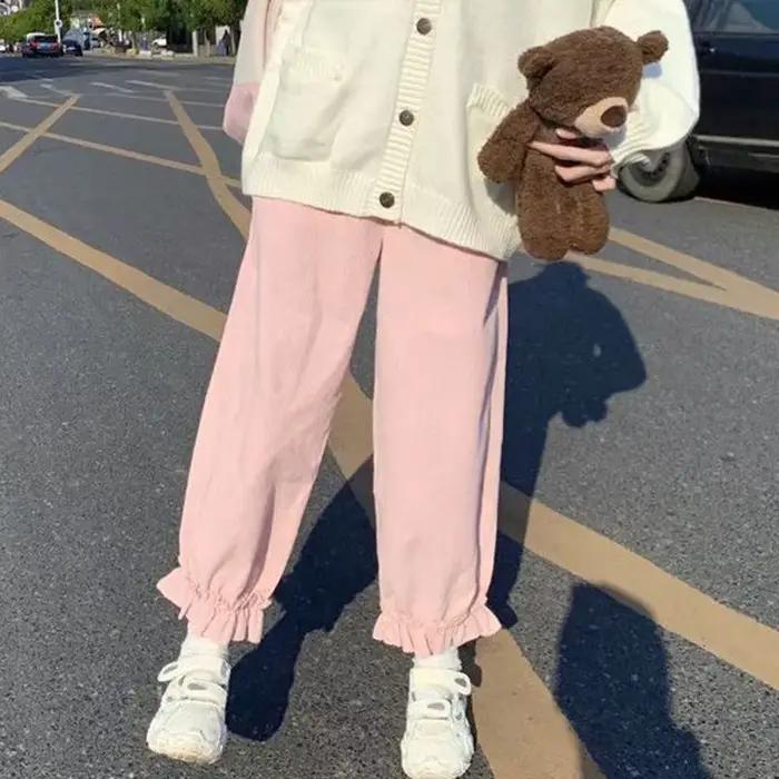 Pantalon en velours côtelé de style japonais pour femme, bouffant droit décontracté, rose, doux, mig