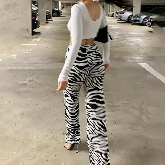 ZZSYKD-Pantalon Imprimé Zèbre pour Femme, Taille Haute, Jambes Larges, Long Fjadt, Mode Décontractée