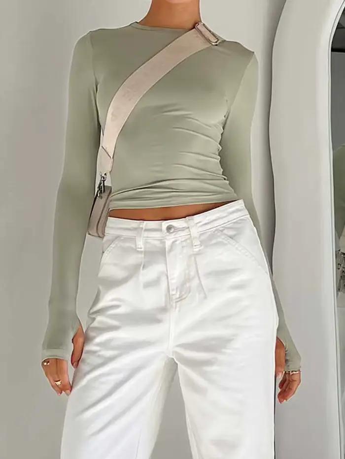 Mode femmes T-shirt à manches longues col rond solide coupe ajustée dames haut court avec trous pour