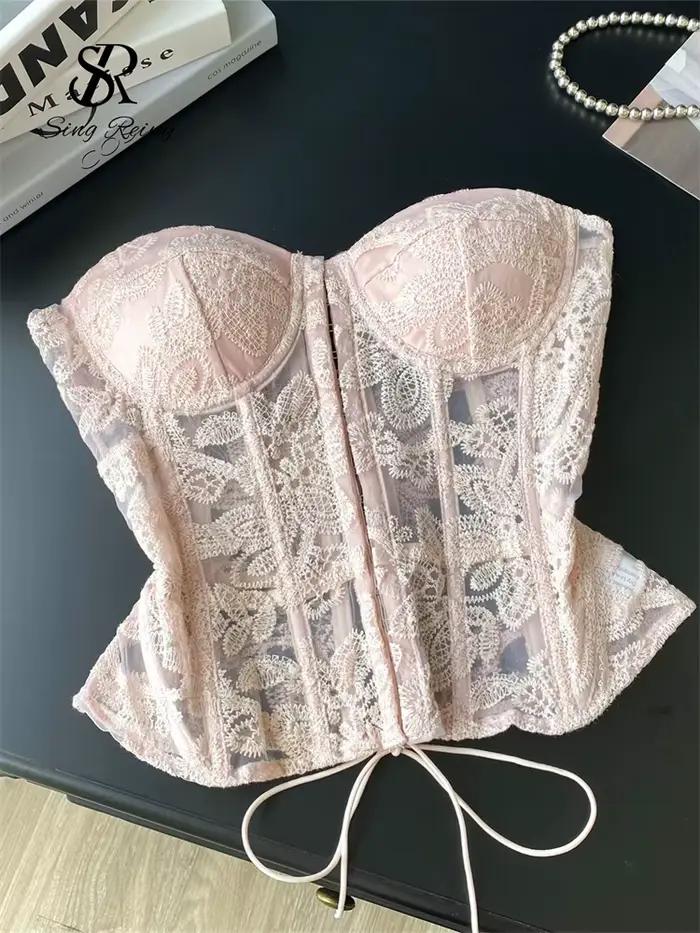 SINGREINY broderie florale Sexy haut de Club femme sans bretelles mince Corset dos nu débardeur fran
