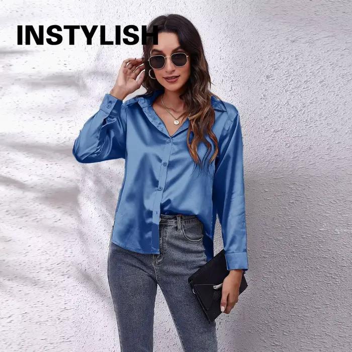 Chemise en satin élégante pour femmes, chemisier décontracté à manches longues en fausse soie, haut
