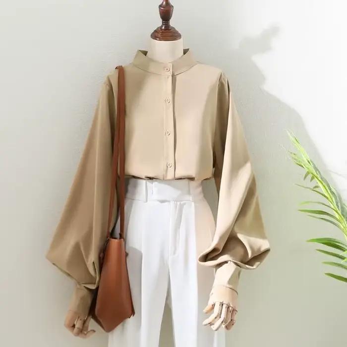 Chemise à manches longues lanterne pour femme, chemisiers de style printemps et automne, col montant