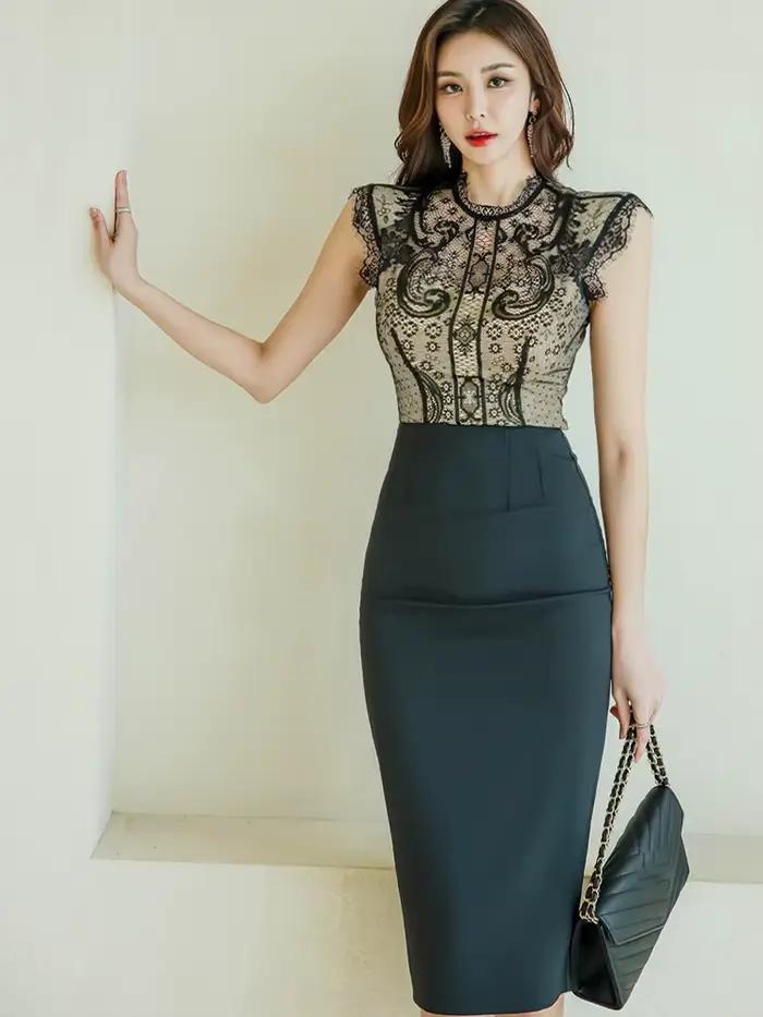 Robe en dentelle noire pour femme, tenue de bureau élégante, version coréenne, col montant, taille h